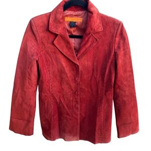 Cynthia Steffe Y2K Perforated Suede Leather Moto Western Boho Jacket Tomato Red